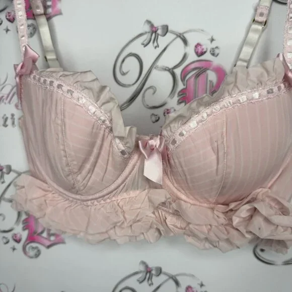 La senza bra love ruffle frilly bows ribbon 🎀pink white striped tiered babydoll - Picture 3 of 14